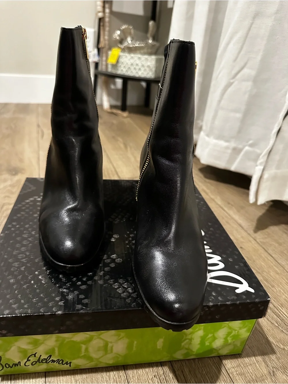 Sam Edelman Black Leather Wedge Ankle Boots with Gold Zippers